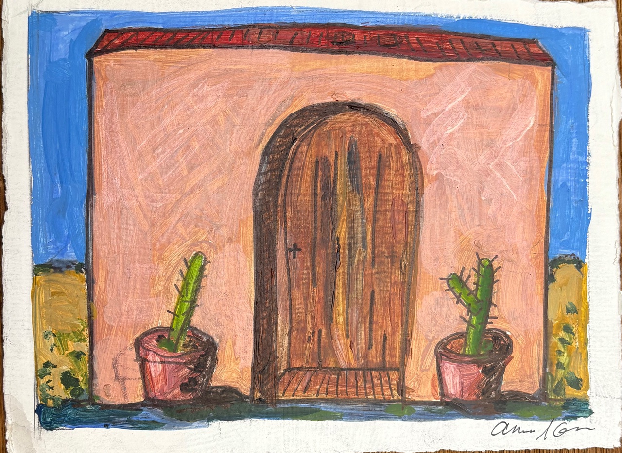 Click here to view Adobe house with two cactus plants by Anna Jewel Gove